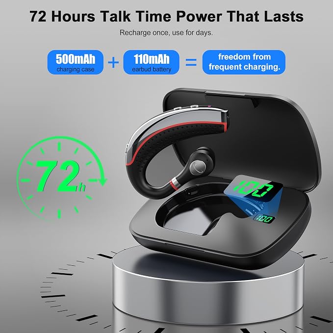 Bluetooth Headset V5.3, Bluetooth Earpiece with 72H Talk Time, Hand-Free Headphones Comfortable Fit, Bluetooth Headphones with Microphone for iOS, Android Devices, for Trucker/Office