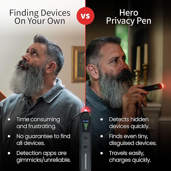 Hero Privacy Pen | 3-in-1 Travel Privacy Tool | RF Signal Detector, Infrared Camera Lens Finder and Door Motion Alarm | Pocket-Sized, No App Needed, Rechargeable, 4 Pack
