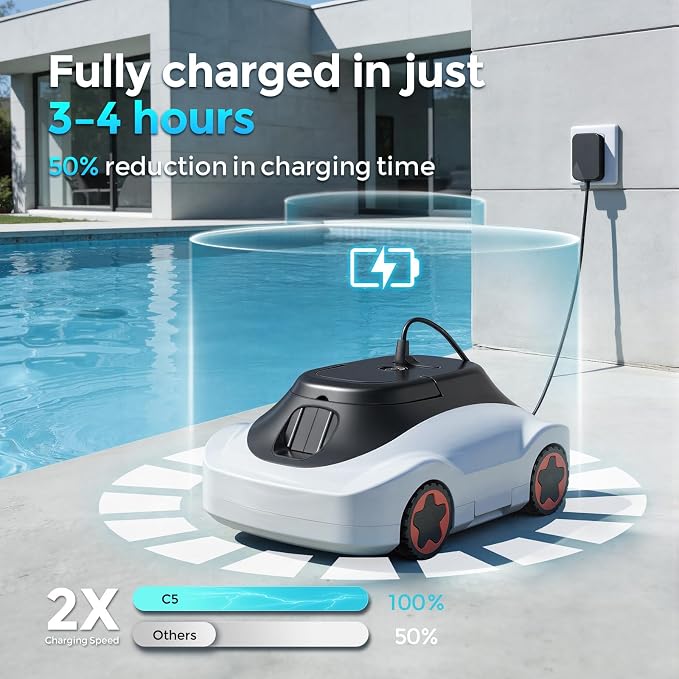C5 Robotic Pool Cleaner, Cordless Pool Vacuum for Above-Ground & Inground Pools up to 2,200 Sq.Ft, Strong Suction, 180-Min Runtime, Smart Auto-Parking & 2.7L Large Debris Basket (White-Black)