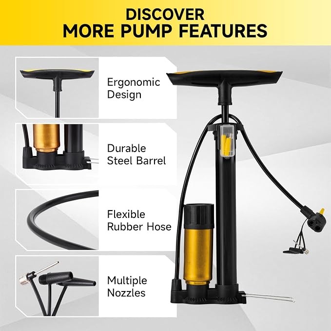 Bike Pump with Gauge,High Pressure,Floor Bicycle Pump Compatible with Presta and Schrader Valve