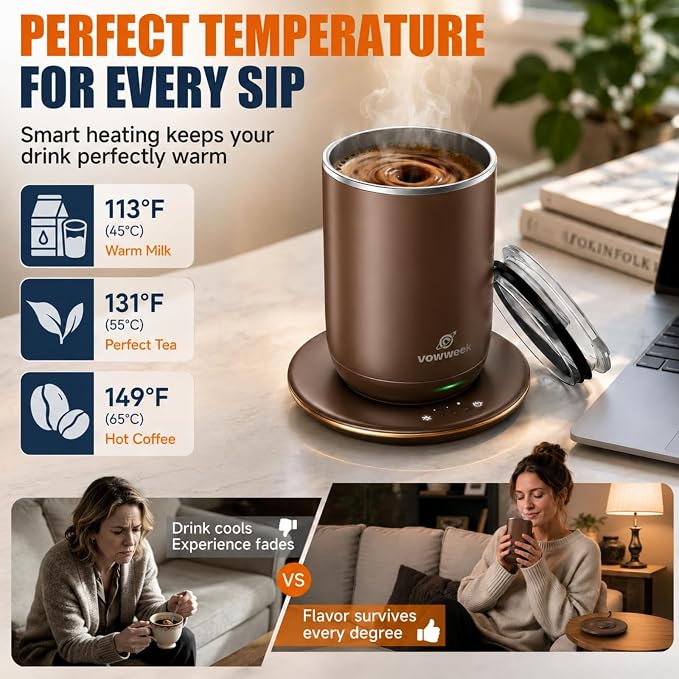 Self Stirring Heated Coffee Mug, 10 oz Auto Magnetic Mixing Cup, MochaBrown | 304 stainless steel interior. Includes 3 heat settings, 8H auto shut-off, plug-in base for home office desk