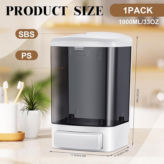 Hushee Manual Soap Dispenser 33.8oz / 1000ml Kitchen Bathroom Plastic Refillable Wall Mounted Commercial Soap Dispenser for Liquid Containers Shampoo Gel Chamber Hotel Restaurant(Black)