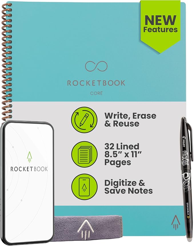 Rocketbook Core Reusable Smart Notebook, Lined Pages For School, Work and Creative Projects, Letter Size 8.5x11, Teal - Premium