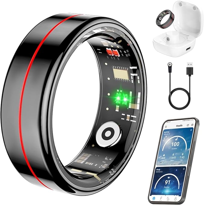Fit Ring, Smart Health Rings for Women Men with Heart Rate,Blood Oxygen,HRV,Stress Level, Sleep Monitor, Step Tracker, No Subscription Fee, IP68 Waterproof Smart Ring for iphone &Android (Black, 7#)