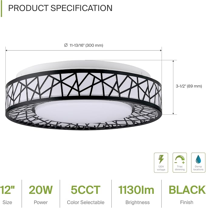 ASD 12 Inch LED Flush Mount Ceiling Light Fixture for Bedroom, 20W 1113LM 5CCT 2700K-5000K, Triac Dimmable Lights, Dining, Living Room, Kitchen Lamps, Modern Home Lighting Fixtures, Black, ETL, 4 Pack