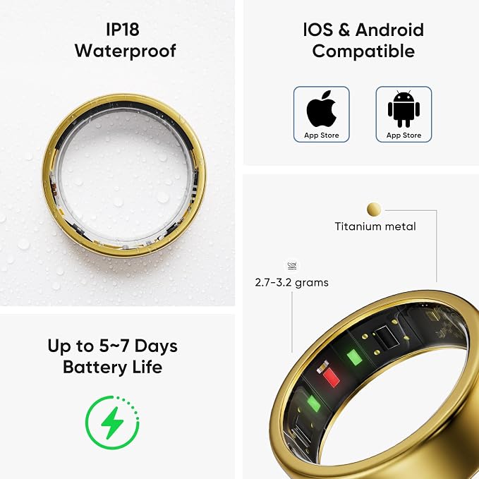Smart Ring, Titanium Health & Fitness Tracker with Sleep, Heart Rate & SPO₂ Monitoring, Ultra-Light, 4–6 Day Battery, No Subscription, for Women & Men (Gold 7)
