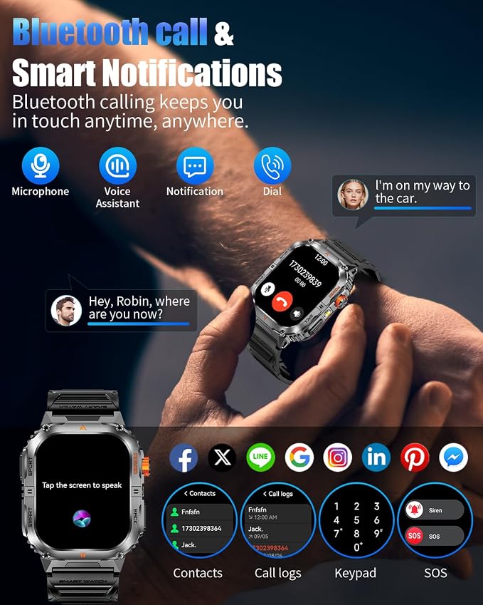Military Smarty Watch for Men, 2.01" Smartwatch with 1200mAh Battery, Flashlight, Answer/Make Calls, Heart Rate/Sleep Monitor 100+ Sport Modes Fitness Tracker for Android/iPhone (002)