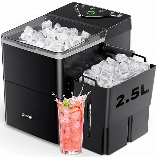 Silonn Countertop Ice Maker, Ice Makers Countertop with 2.5L Expandable Ice Basket & 1.8L Water Tank, 26.5Lbs/24H, 9 Bullet Ice in 6 Mins, Self-Cleaning, 2 Ice Sizes for Home Kitchen