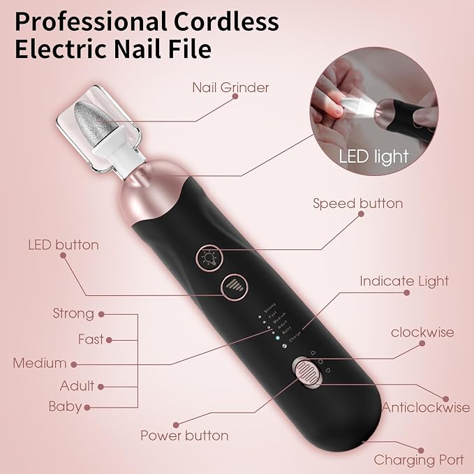 Professional Manicure Pedicure Kit, Cordless Electric Nail File Set, Rechargeable Pedicure Tools for feet, 5 Speeds Hand Foot Care Nail Drill for Thick Nail Toenail Cuticle Women Men Baby Pets