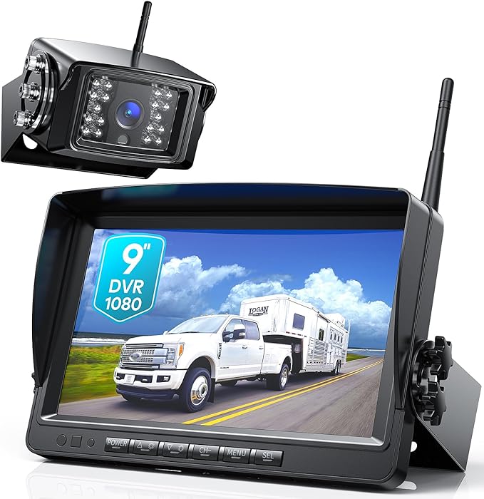 Fookoo HD 1080P 9" Wireless Backup Camera System, 9-inch Split Screen Monitor w/Recording, Supports 4 Cameras, IP69 Waterproof Rear View Camera Parking Lines for RV/Trailer/Truck/Camper(DW901)