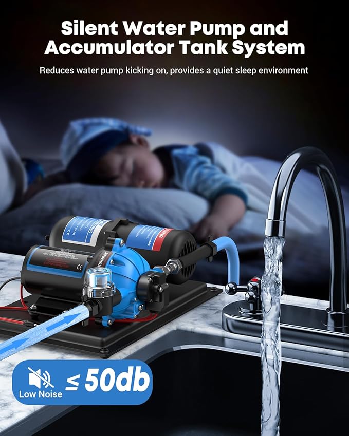 Kohree RV Water Pump 12V DC 7.5GPM 70PSI and 1L 125PSI Pre-Pressurized Accumulator Tank, Quiet RV Water Pump and Accumulator Tank System for RV Camping, Boat, Kitchen, Bathroom