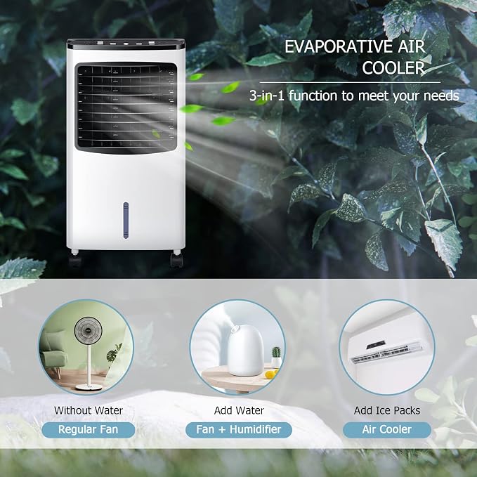 PETSITE Portable Evaporative Air Cooler, 3-in-1 Oscillation Cooling Fan with Remote Control, 2 Ice Packs, Humidifying, 3 Speeds, 7.5H Timer, Personal Swamp Cooler for Bedroom Home Office Garage