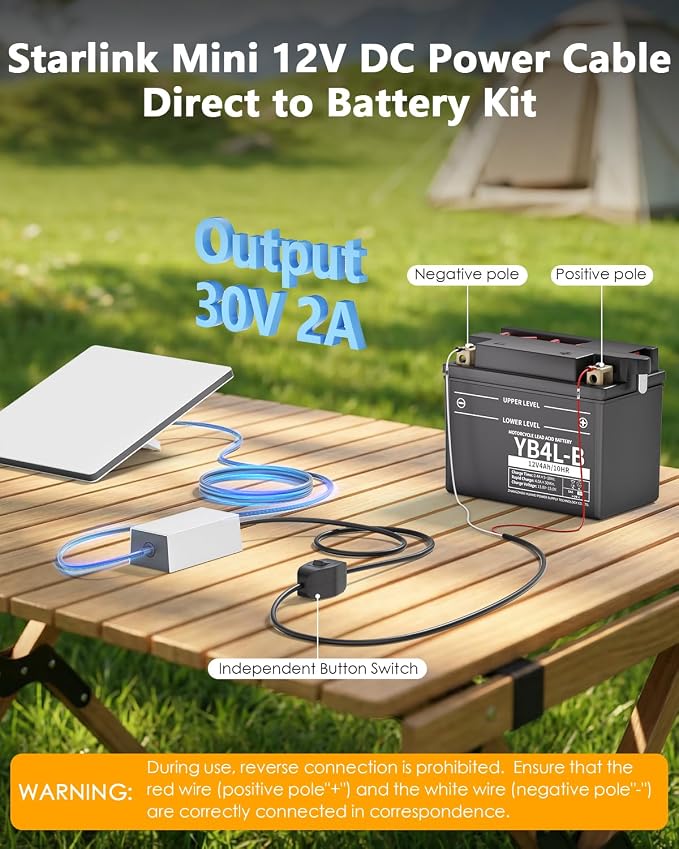 Starlink Mini 12V Battery Adapter with Switch 12V-24V to 30V 2A Step Up Converter Starlink Mini DC Power Supply Adapter Direct to Battery Cable O-Ring No Voltage Drop Waterproof for Truck,RV,Camping