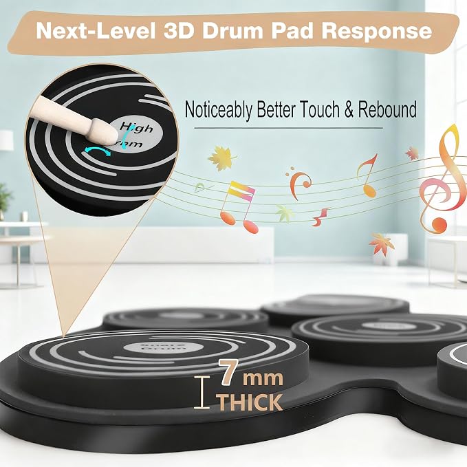 Electric Drum Set with 7 Colorful LED Light Patterns, Better Rebound Feel Electronic Drum Kit Featuring Bluetooth MIDI, 9 Drum Pads, and Dual Speakers, Christmas Birthday Gift for Kids Adult