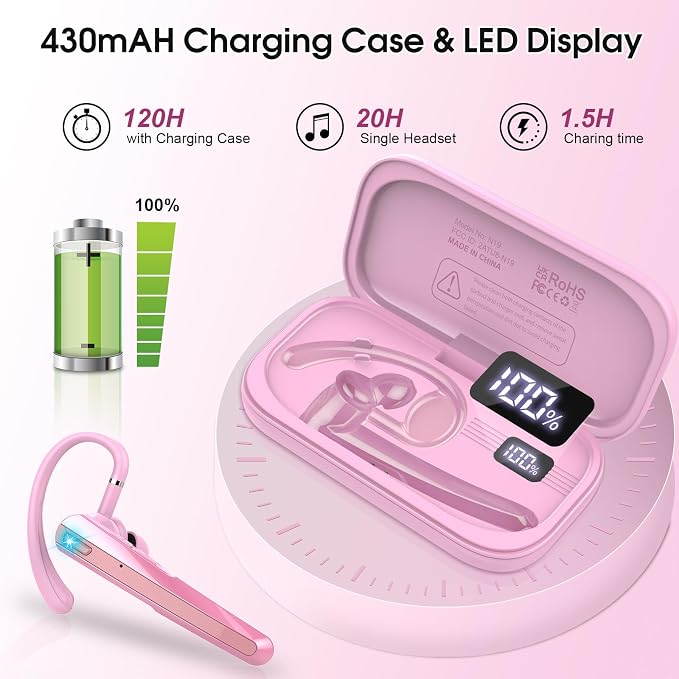 Bluetooth Headset V5.3, Wireless Headset with ENC Noise Canceling Mic, 120Hrs Talk Single-Ear Bluetooth Earpiece, LED Display, IP7 Waterproof Hand-Free Earphone for Business/Trucker/Driver, Pink
