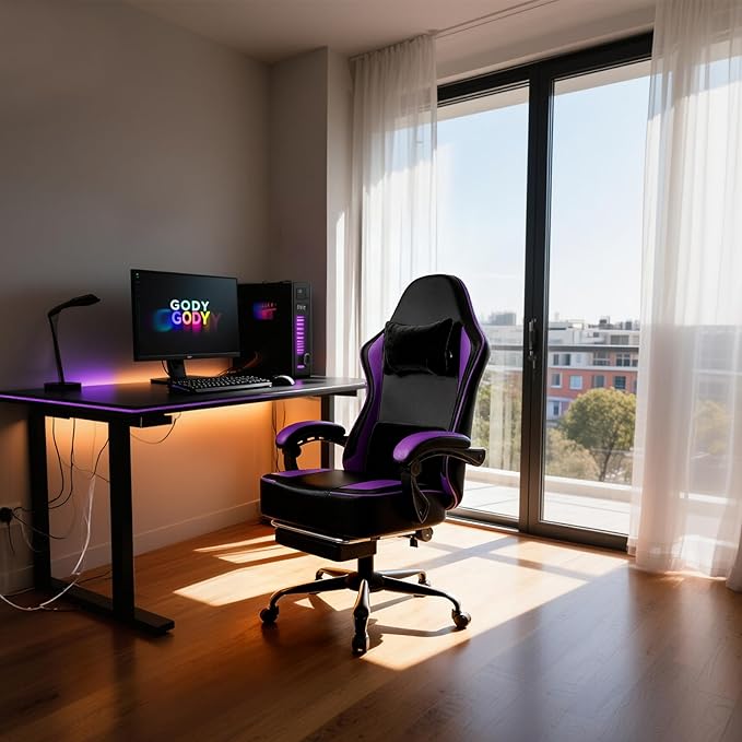 Gaming Chair with Pocket Spring Cushion and Footrest, Ergonomic Computer Chair for Adults, Breathable PU Leather Game Chair, Adjustable Headrest and Lumbar Support Office Desk Chair
