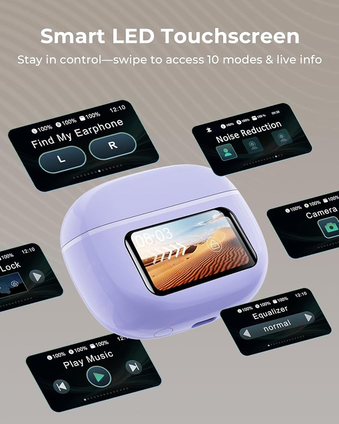 Wireless Earbuds with Smart Touchscreen Case, Bluetooth 6.0 Ear Buds with AI Noise Cancelling Calls, 40H Playtime Stereo Headphones, IPX7 Waterproof Earbuds for Workout, Travel, iPhone,Android,Purple