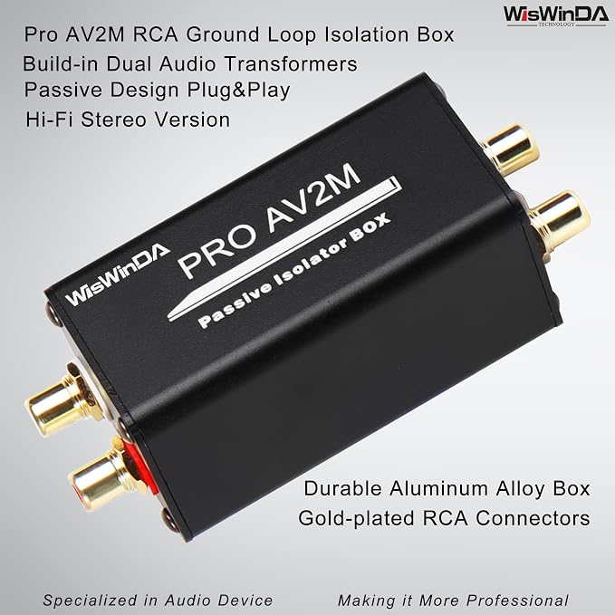 Pro AV2M-RCA Noise Isolator Audio Hum Eliminator (No Affects Bass) Noise Filter Aluminum Shell Ground Loop Noise Isolator for HiFi Stereo Home Theater Car Audio Player Plug&Play