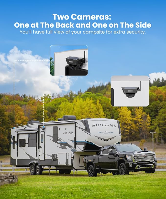 AUTO-VOX Wireless Backup Camera Kit: 5" Monitor, Dual Solar 5A Cams, Suction Mount – Dual View for RV, Horse/Boat Trailer, Cargo, Campsite & Safe Parking