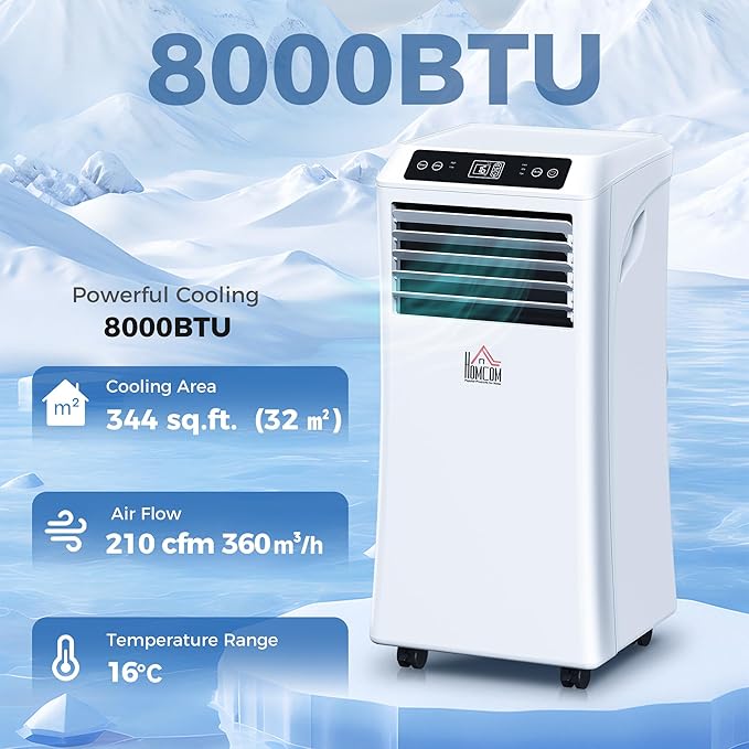 HOMCOM 8000 BTU Portable Air Conditioner for Rooms Up to 344 Sq. Ft., 4-in-1 AC Unit with Cooling Fan, Dehumidifier, Sleep Mode, Remote Control, 24H Timer, Window Installation Kit, White