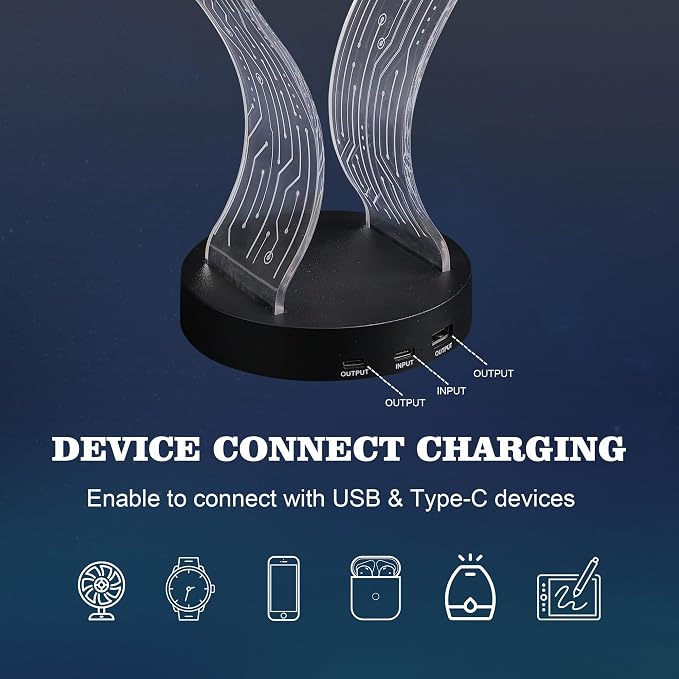 Ammonite Light Up Headphone Stand, 16 Color Lights Gaming Desk Accessory with 1 USB Charging Port and 1 Type-C Charging Ports, USB Power and PCB Pattern, Gifts for Gamers Boyfriend Boy Man