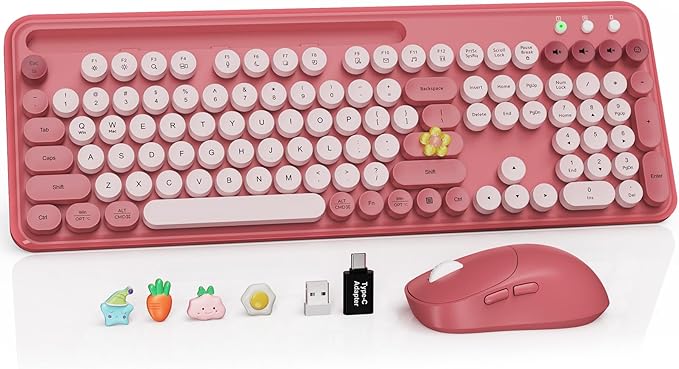 Wireless Keyboard and Mouse Combo, Retro Round Keycaps, Full-Size Stylish Typewriter Keyboard with Large Phone/Tablet Holder, 3-Level DPI Ergonomic Mouse, 2.4GHz Cordless for Windows PC, Rose Pink
