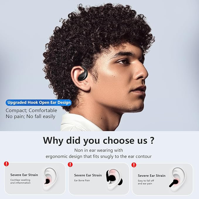 Open Ear Clip Wireless Earbuds Bone Conduction Headphones, Bluetooth 5.4, Conduction Headphones with 60Hrs Stereo Sound, Open Ear Design for Running Fitness,Built-in Mic,LED Display Charging Case