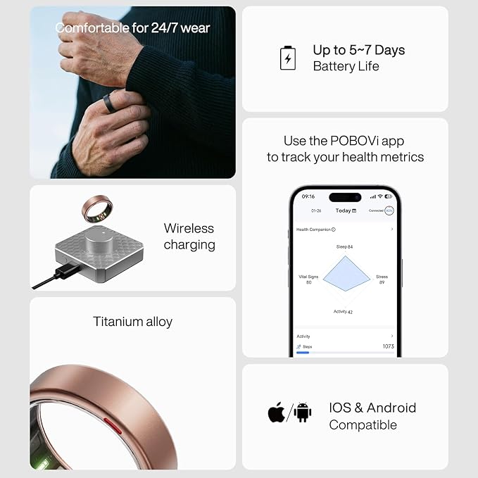 POBOVi Gen 2 Titanium Smart Ring for Women & Men, Sleep & Heart Rate Tracker, No Subscription, Size Before You Buy (Rosegold, 7)
