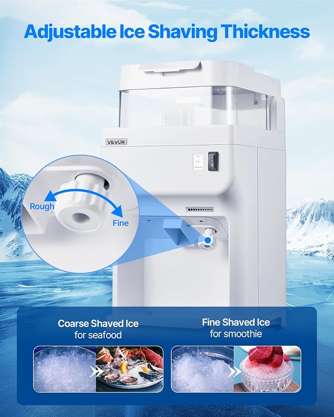 VEVOR Commercial Ice Shaver Crusher, 220lbs Per Hour Electric Snow Cone Maker with 8L Ice Cube Box, 350W 1500RPM Tabletop Shaved Ice Machine for Parties Events Bar, Home and Commercial Use (White)