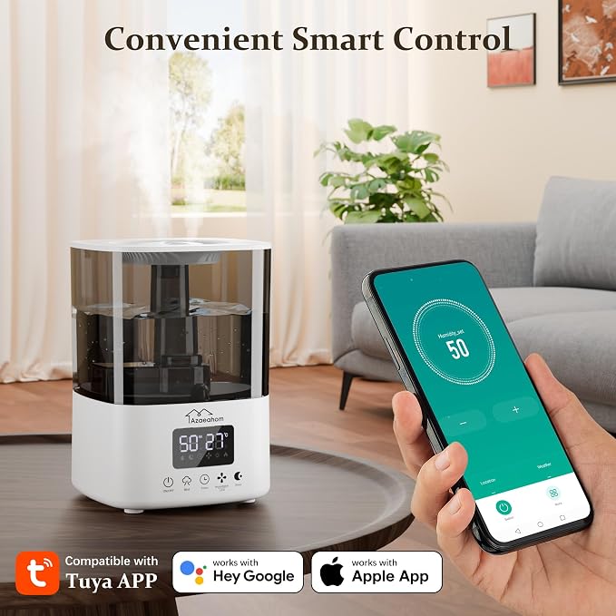 Smart Humidifiers for Bedroom, Top Fill 4L Cool Mist Air Humidifier for Large Room, Essential Oil Diffuser App Control, Fast Symptom Relief, Nightlight, 12H Quiet Runtime for Baby, Plant