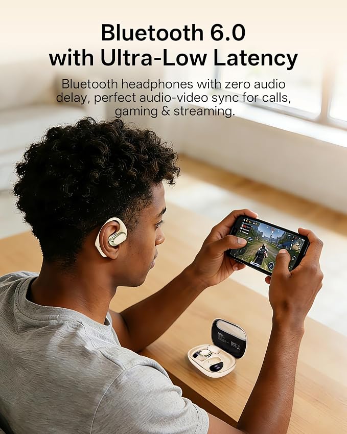 Open Ear Earbuds, Over Ear Headphones with Ear Hooks, True Wireless Bluetooth 6.0 Earphones, Stereo Sound, Ultra-Comfort, 50H Playback, IPX7 Waterproof Ear Buds with Mics for Running Sports