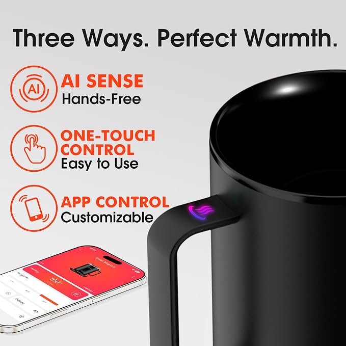 Vsitoo S3 12oz Heated Espresso Mug, Smart Self Heating Coffee Mug for Espresso Lovers, AI Auto-Sensing Temperature Control 120-150℉, Rechargeable Mug Warmer, 316 SS IPX7, Gift for Women Men, Black