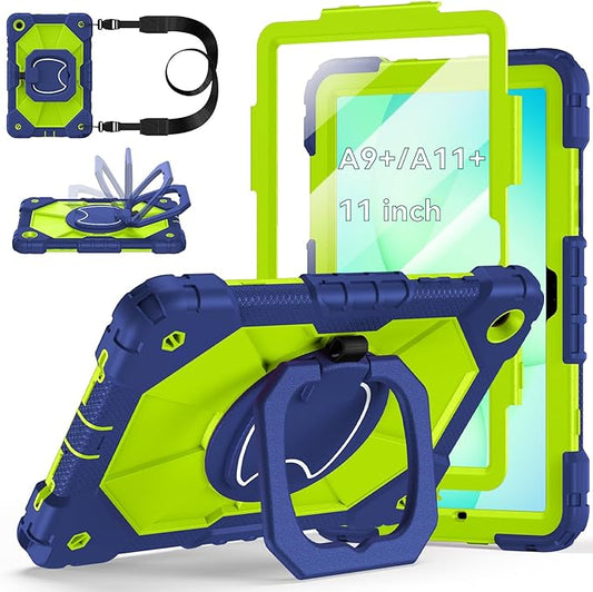 Case for Samsung Galaxy Tab A11+ Plus/A9+ 11 Inch 2025/2023,Ubearkk Case for Samsung Galaxy A9 Plus/A11+ Tablet case with Screen Protector 360 Rotating Stand Shoulder Strap Pen Holder, Navy Green