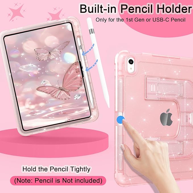 CCMAO Case for iPad (A16) 11th 11" 2025, iPad 10th Generation 2022 with Pencil Holder & Kickstand, Shockproof Protective Slim Thin iPad Case with Glitter Back Cover, Pink Glitter