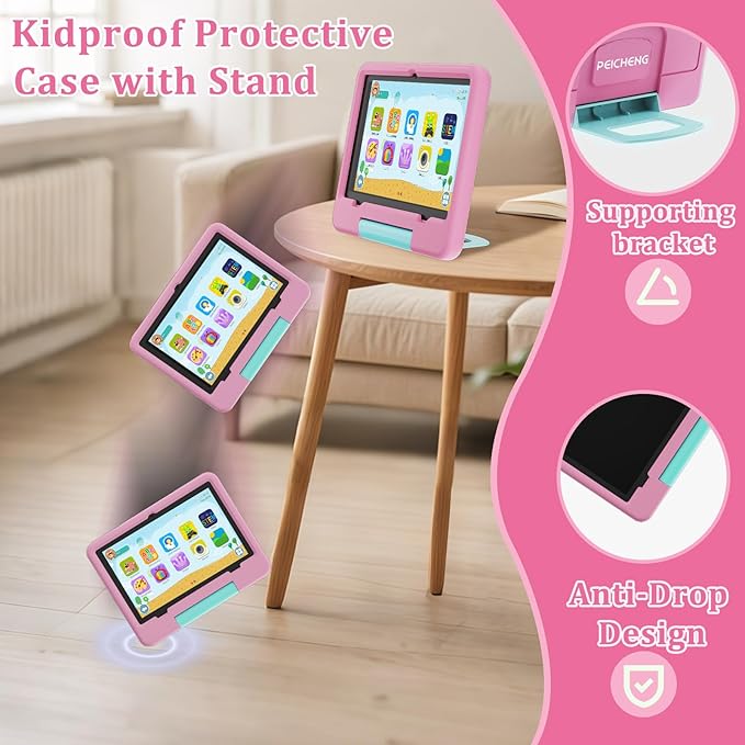 PEICHENG Tablet for Kids with EVA Protective Case, Android 15.0 Toddler Tab PC 10.1Inch RAM 20GB(4+16Expand) + ROM 128GB IPS 800 * 1280 5.0Bluetooth (Pink)