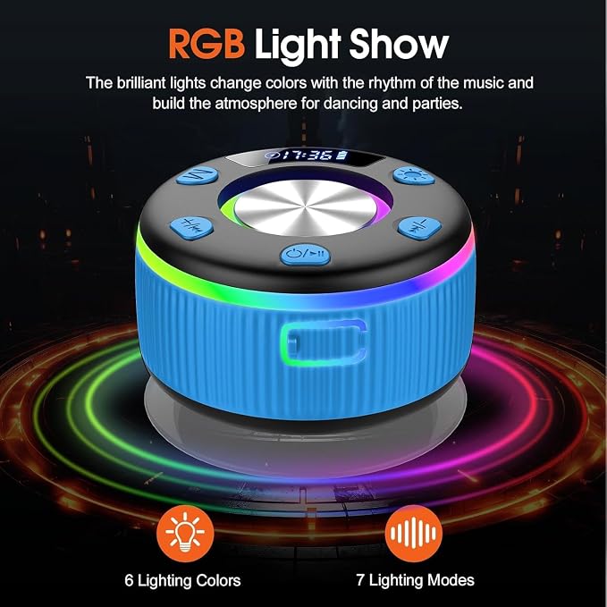 Bluetooth Shower Speaker, IP7 Waterproof Portable Bluetooth 5.3 Speakers with Suction Cup, Mini Wireless Speaker with RGB Lights Time Display, Loud Stereo Sound for Bathroom Beach Outdoor Party, Azure