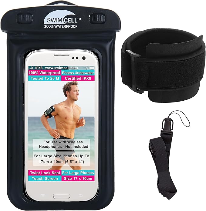 Waterproof Phone Holder Armband Case - For Swimming Running Walking NO Headphone Jack. Fits LARGE Size phones up to 6.7inch/17cm- iPhone, Samsung Galaxy S. Android. Hi-Vis Armband and Neck Lanyard.