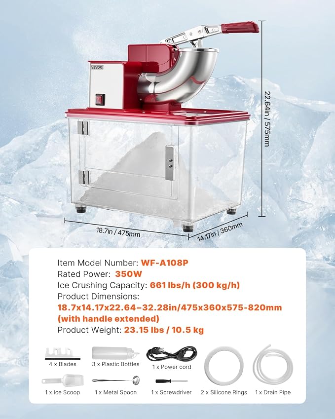 VEVOR Commercial Ice Crusher 661LBS/H, 350W Electric Snow Cone Machine with 4 Blades, 2000RPM Stainless Steel Shaved Ice Machine with 11 Gal Crushed-Ice Box, for Family Restaurants Bars, Red