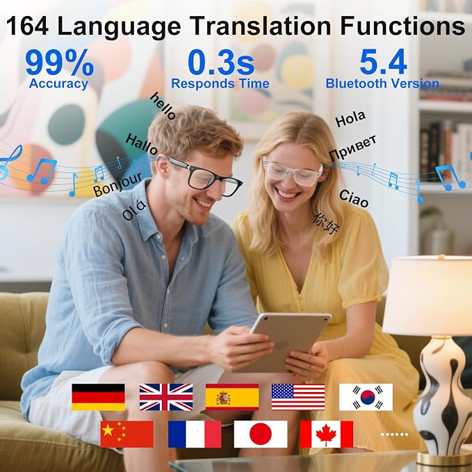 AI Smart Glasses for Men & Women with ChatGPT, Bluetooth Glasses with 165 Languages Translation, Color-Change Lens, Meeting Analysis, Music Playback, Hands-Free Calls, UV & Blue Light Protection
