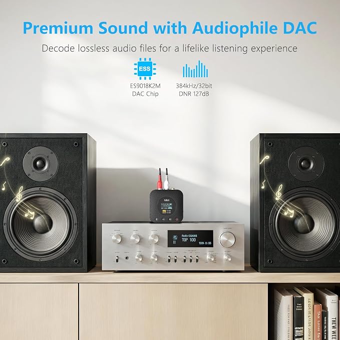 1Mii B06HD+ Hi-Res LDAC Bluetooth 5.3 Receiver for Home Stereo, Hi-Fi Bluetooth Audio Adapter w/Display, Built-in Audiophile DAC, aptX HD Low Latency, RCA Optical Coaxial for Old Stereo Receiver