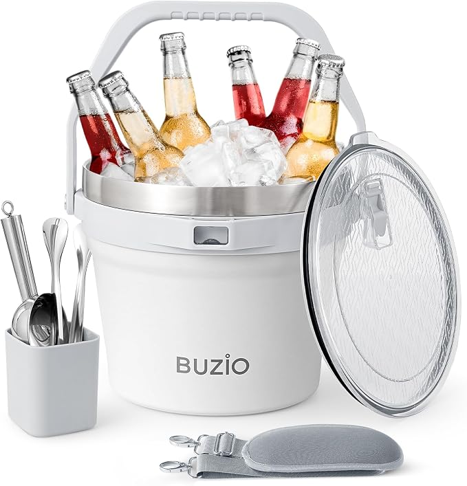 BUZIO 7.4 Qt/7 L Ice Bucket for Parties with Lid and Scoop & Tongs, Double Wall Vacuum Insulated Stainless Steel, Holds 6 Longnecks or 3 Wine Bottles, Large Beverage Bucket for Champagne, White