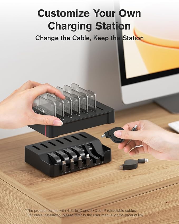 SooPii HomeHub H1 Charging Station for multiple devices,Upgraded 6-Port Desktop Fast Charger with 6 Retractable Cables（4*C+2*iP）,60W PD charger station for iPhone/Tablet,Tangle-Free Charging Organizer
