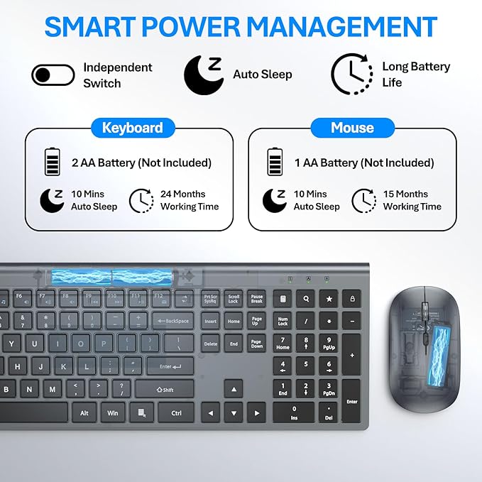 Wireless Keyboard and Mouse Combo, Full Size Keyboard and Mouse, Long Battery Life, Optical Mouse, 2.4G Lag-Free Cordless Mice Keyboard Set Ultra Slim Design for Computer, Laptop, PC, Mac, Windows