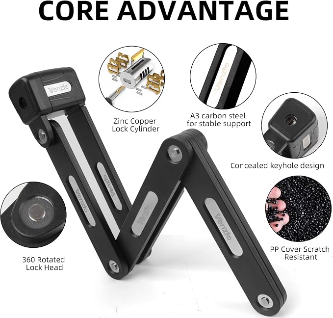 Venzio Folding Bike Lock, 7mm Heavy Duty Anti-Theft Lock with Key, 85cm/33.5in Hardened Steel Foldable Lock with Mounting Bracket for Bikes, E-Bikes & Scooters