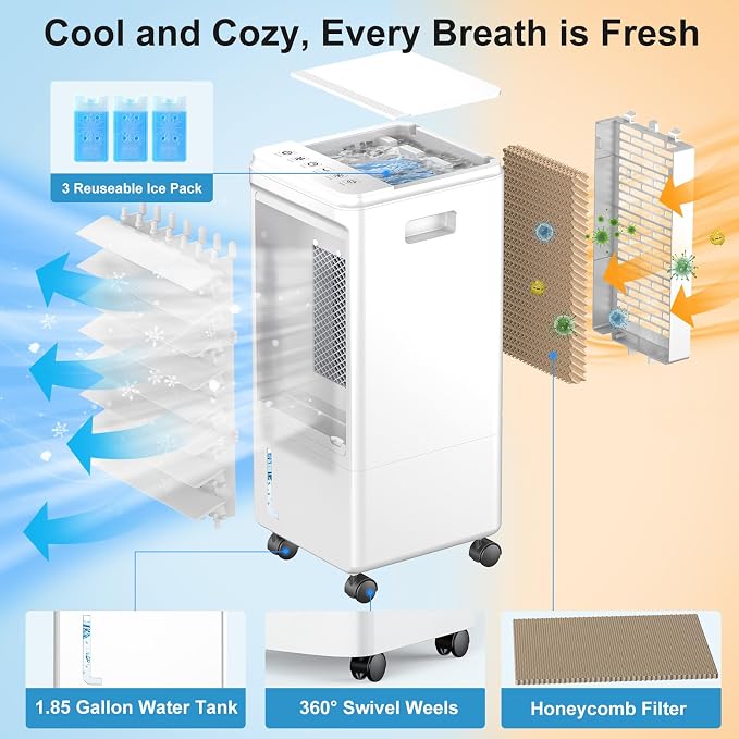 Portable AC Unit For Bedroom, Normal/Natural Modes And 3 Speeds, Ultra-Quiet Ventless Swamp Cooler, 2.5L Water Tank Achieve Double Cooling Effect13