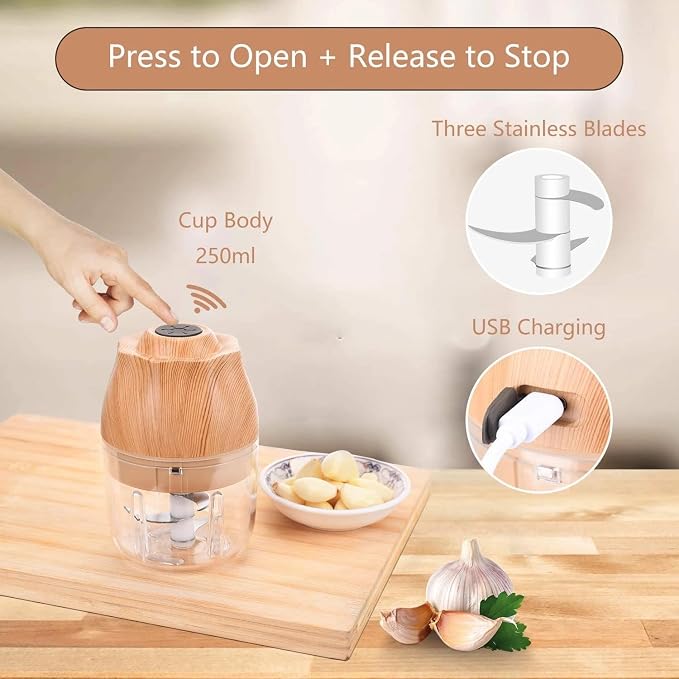 Electric Garlic, Fruit, and Vegetable Mini Food Chopper: Compact Wireless Processor Ideal for Ginger, Chili, Meat, and More, 250ML, Wood