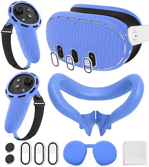 Silicone Cover Set Compatible with Meta/Oculus Quest 3 Accessories, Controller Grips, VR Shell Cover, Facial Interface Cover, Protective Lens Cover, Tempered Glass Lens Caps, Not Fit Quest 3S