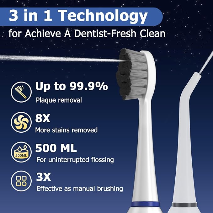 Electric Toothbrush with Water Flosser Combo, 3-in-1 Sonic Flossing Toothbrush and Dental Water Flosser for Teeth Adult Cleaning with 4 Heads, Sensitive, Gum Care, Braces, 500ML-White
