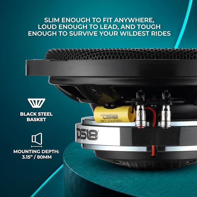 DS18 PRO-HY8MSL 8" Shallow Hybrid Mid-Range Car Audio Loudspeaker with Built-in Driver and Grill Included 400W Max 200W RMS 8 Ohms (1 Speaker)