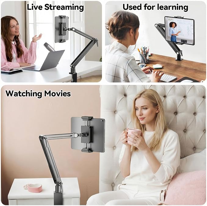 Portable Monitor Stand Desk Holder- Large Clamp support up to 6.5 12.9 14.6 15.6 18.5 inch 360° Rotating Base Swivel Tall Desk Arm Mount for iPad Pro/Mini/Air/Surface Strong Bearing Weight over 5.5lbs